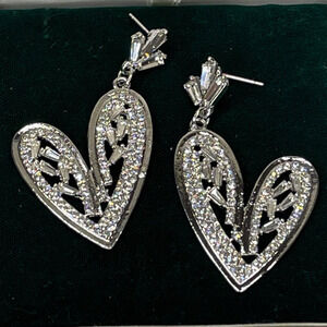 Heart Earrings 2” Drop Dangle Clear Rhinestones Silver Jewelry S26